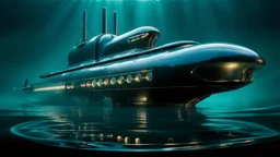 An unique futuristic glass and metal submarine in the ocean, with large of water surrounding it. The submarine bottom positioned in the center of the frame, providing a unique perspective on this streamlined high-techstructure underwater, high detalied, sharp focus, best shot, sci-fi mood