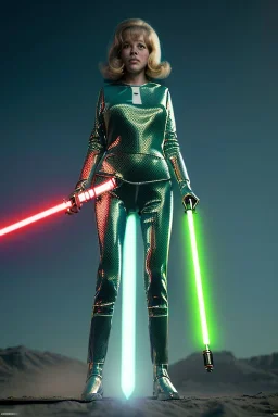 Ultra Realistic retro sci-fi portrait image from 1960, spaceship, sweet young Jane Fonda, tight latex suit, lightsaber fighting stance, soft color, highly detailed, unreal engine 5, ray tracing, RTX, lumen lighting, ultra detail, volumetric lighting, 3d, finely drawn, high definition, high resolution.