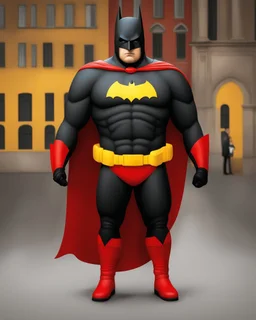 Portriat of the Batman, Fernando Botero style, digital art, red, black and yellow colors, hiperdetallado, full body