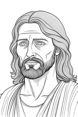 Jesus, realistic, each unique, full view, only draw lines, clean line art, –no sketch, white background, minimalistic black lines, minimal black color, coloring page, thin black line art, perfect shape, perfect clear lines,