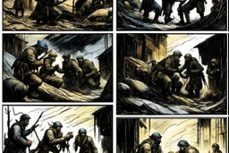 Masterpiece1:5)(Fineart), (award-winning:1.5), highest quality, war journalism, ink and colored pencil sketch of photocollage (by Gustave Doré, Jan Saudek:1.5),(Eastern Ukraine:(panel one:the moment after a battle ends, horrors of war, wounded men),(2nd panel, cinematic shot of men sitting in trench with 1000 yard stare (focus on their eyes:1.5)),(the third panel shows troops tired but hyper alert), (the fourth panel shows the sky is filled with incessant, fire and smoke everywhere,)