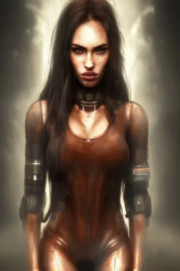 wonderfull portrait, megan fox face, half side face robot rust, long black hair, intricate, sci-fi, cyberpunk, future, fog, fire particles