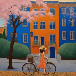 🔥 PROMPT: A pointillist painting in Klimt’s style depicting a dreamy street scene. A textured blue house with three windows stands as the focal point, its facade shimmering with intricate dots. A tree with twisting branches and pink blossoms extends overhead, blending with golden-hued foliage. A woman in an orange top and deep blue skirt walks beside her bicycle, lost in thought. Klimt-inspired patterns, stippled details, and a harmonious palette of blues, golds, and pinks create a luminous, no