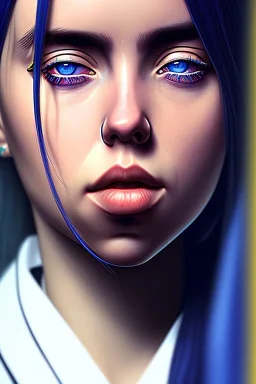 Billie Eilish, samurai, realistic, not to be distinguished from a photo, identical pupils, photorealistic illustration