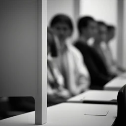 fila en una oficina de empleo; fotografía real, realizada con cámara Leica y objetivo de 50mm, personas caucásicas