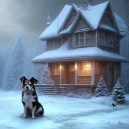 SAD, SCARED, LONELY DOG TIED on a leash OUTSIDE WITH A HOUSE IN BACKGROUND, WINTER, 8k resolution, high-quality, fine-detail, intricate, digital art, detailed matte, volumetric lighting, illustration, 3D octane render, brian froud, howard lyon, selina french, anna dittmann, annie stokes, lisa parker, greg rutowski