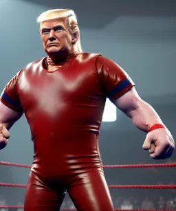 Wrestler Donald trump, wrestling, sweat, blood, red breeches, suspenders, retro style, 80s, hot ambient, photo studio, vibrant color, gradient, highly detailed, art stations, concept art, smooth, unreal engine 5, god rays, ray tracing, RTX, lumen lighting, ultra detail, volumetric lighting, 3d, finely drawn, high definition, high resolution.