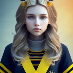 Girl with long wavy brown blond hair, yellow eyes. Wears Hogwarts Hufflepuff uniform, sunglasses with a yellow clip. She has a snowy owl with yellow eyes on her shoulder.