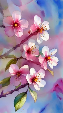 Blooming cherry flowers, watercolor, watercolor painting, beautiful flowers, spring, beautiful painting, sky