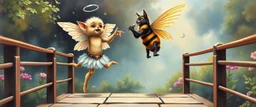 two totally symmetric dancing fluffy angel gremlin spider wolf bumblebee nice cheerleader singing on bridge pointing down in garden , full body portrait T-pose strong aura, oil painting and air brush
