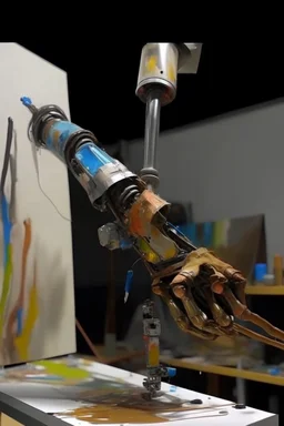 A slender, flexible robotic arm paints an oil painting. The overall background of future technology is prominent