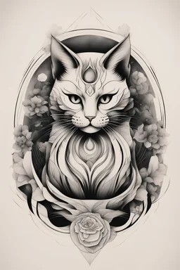 Create a captivating modern 2d ink tattoo design for print , prestigious Sacred Cat using the elegant influences of japan art style, for print, dynamic elements from fashion and design, and bold Japanese contemporary art aesthetics, framing centered in the center, distanced from the edges of the paper perimeter, perfect anatomy, bauhaus, Divine Proportion,