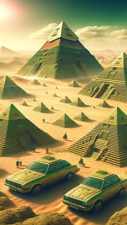 Ancient pyramids with homes around. People driving spaceships