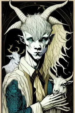 Emo, albino, teen, goat horned, satyr, alchemist, with goat horns on his head, in the style of Harry Clarke