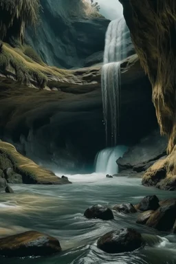 A cave with covered with waterfalls