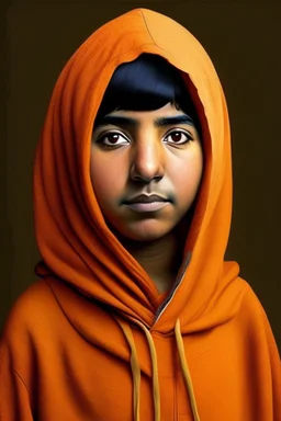 MALALA YOUSAFZAI with orange hoodie, realistic photos