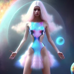 Fuul body white woman with legs, long blond hair, blue eyes, pink and blue dress in a galactic ambiance, delicate colors in the foreground, full of details, smooth, light effect，vaporwave colorful, smooth, extremely sharp detail, finely tuned detail, ultra high definition, 8 k, unreal engine 5, ultra sharp focus