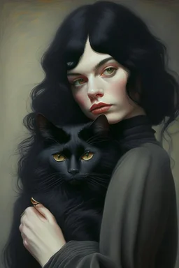 Black hair, woman holding cat