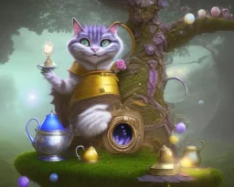 cheshire cat in a tree talking to alice, wide grin, glowing eyes, blue and grey, blue dress, yellow hair, alice in wonderland, signpost pointing in different directions, orbs of light, tea pot, teacup, film still