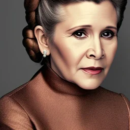 extrem realistic analog style photography of carrie fisher by Annie Leibovitz, soft ethereal skin, symmetrical short hairstyle,studio lighting, sharp brown eyes, dark plain background