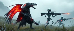 ninja necromancer in the wild, raising glowing raven skeleton giant babies with huge sci fi guns