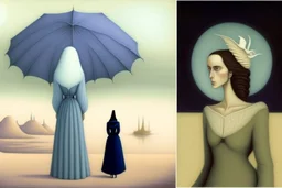 two women seen from behind walking side by side in an empty foggy plain, above there is blue sky by artist "Leonora Carrington",by artist "Christian Schloe",by artist "Kay Sage"