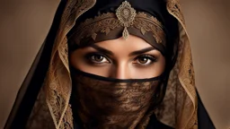 portait of a arabic woman with striking golden-brown eyes, which are partially concealed by a dark lace headscarf. Her shyly looking into the camera. The combination of her lace headscarf, beautiful eyes and the fine lace of her face veil creates an intriguing and visually appealing scene, highly detailed, high contrast, perfect lights, masterpiece