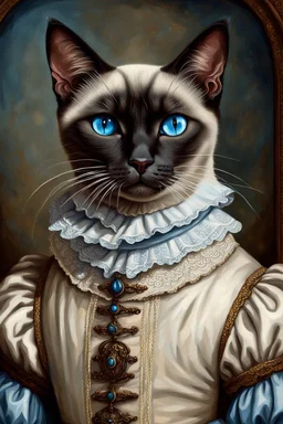 Portrait Renaissance Portrait of a female Siamese cat wearing classic mediveal outfit, oil painting texture, piercing blue eyes