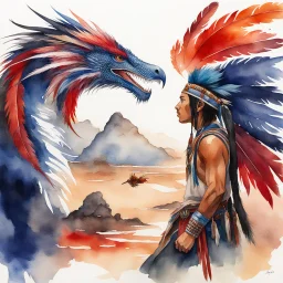 Watercolor Native confronting the ancien feather dragon