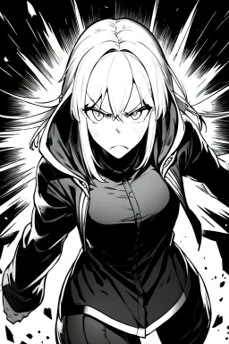 angry blonde girl, angry pose, greyscale