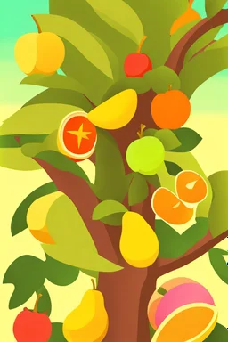 a stylized minimal primitive poster with various exotic anime fruit on a tree, in the style of multilayered realism, film/video, hd mod, massurrealism, architectural exterior, color moebius, elliptic