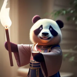 a cute litte panda wearing Hanfu, holding a large candle, BK complex detail, cinema, reality, detail, octane rendering, stoic cinematic 4k epic detailed photograph shot on kodak detailed bokeh cinematic hbo dark moody 8k, 85mm f/16 by leica