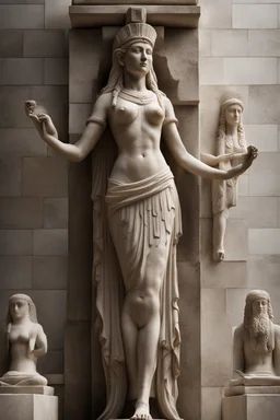 full body stone statue of Virgo Empress Kadosh Iesus Yeshiva Dictator of the Known Universe Queen of Heaven Ishtar Venus Ekadeshi Hathor Asherah Athena Ostara Qudshu Qetesh Britannia Columbia Goddess of many names in Hindu Egyptian Aztec Mayan Native American Japanese Yakut Ancient Greek style, statue, marble granite texture, pale white dull colours, photo-realistic, 50mm lens, f/2.8, natural soft lighting