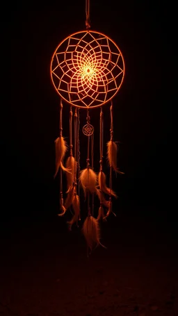 a dreamcatcher made of light, glowing internal light, natural red/brown tones, brown dirt ground long bottom, dark background