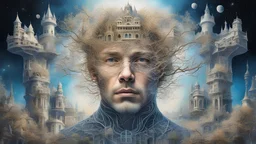 karma, Galactic space portrait of a man with buildings inside his head, blond, castle, branches, inspired by architecture, crazy details and double exposure in fantasy art, glitter, fine art, realistic painting of a complex hyper-detailed main society, fine rendering, clear drawing