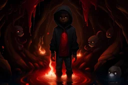 a brown skin coloured boy with a evil smile with red eyes standing in a cave with black hoodie and black pants with white shoes with hes hands in hes pockets with a river in the cave and a waxing crescent moon with fire shapes of love hearts and ghost thats red burning around the cave with a black cat with red glowing eyes sitting on the ground