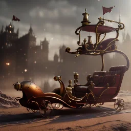 steampunk santa sleigh, 4k, highly detailed, cinematic, ultra photorealistic, ultra realistic, volumetric lighting