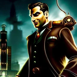 a picture of Andrew Ryan from Bioshock, darker colors, master quality, backlighting, soft lights, full body portrait, in frame, 8k, dark color pallet, perfectly drawn face, well drawn, BioShock, steampunk