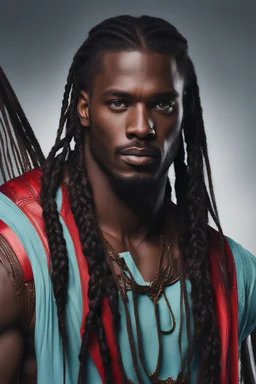 dark skinned man,Long braided brown hair, red eyes, cyan highlights in hair