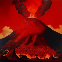 A dark orangish red volcano with spewing fire designed in African masks painted by Henri-Robert Bresil