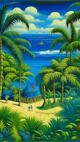 A blue resort near a beach designed in Hawaiian tikis painted by Henri Rousseau