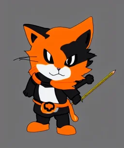 cat 2d, knight, ninja, black fur,full body, orange torn coat,game character, strong, anime, chibi, game sprite, brave, funny