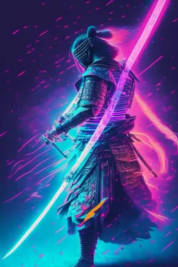 Mystical samurai emitting an aura with a long, neon sword emitting an aura