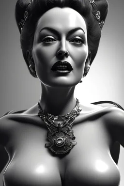 Joan Crawford as evil queen in black leather, busty, cleavage, dominatrix, curvy, angry, stern look. unreal 5, octane render, cinema4d, dynamic lighting, dramatic lighting, 4k, redshift render, highly detailed, hyper realistic,anthropomorphic