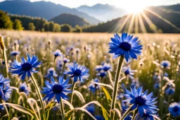 Magic fields with blue cornflowers, blue mountains around, parma or blue light effects colors, sun, realistic, beautiful cornflowers, high contrast, 8k, high definition, concept art, sharp focus