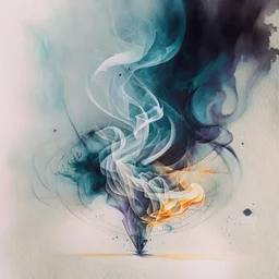 Create an asymmetrical composition where smoke swirls around a central focal point formed by a lit joint. watercolour sketch