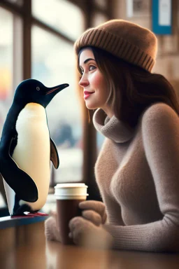 young woman talk to a penguin in coffee-shop