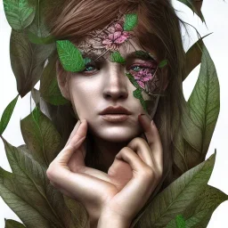 Mysterious girl body of leaves and gnarled branches extending past face and morphing into reality, color tattoo, 8k resolution, high-quality, fine-detail, intricate, digital art, detailed matte, volumetric lighting, illustration, octane render