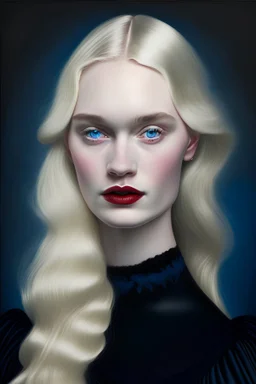 A woman with soft blonde hair, blue eyes, and a white face, wearing a black velvet dress