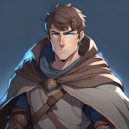 male, short brown hair, blue eyes, light armor, cloak, annoyed look, muscles